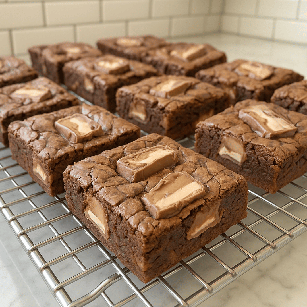 Chocolate brownies with mars bar topping and filling on a cooling rack