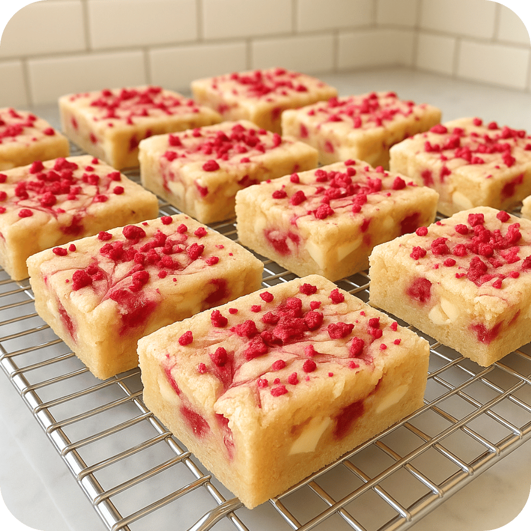 White chocolate blondies with white chocolate and raspberry on cooling rack
